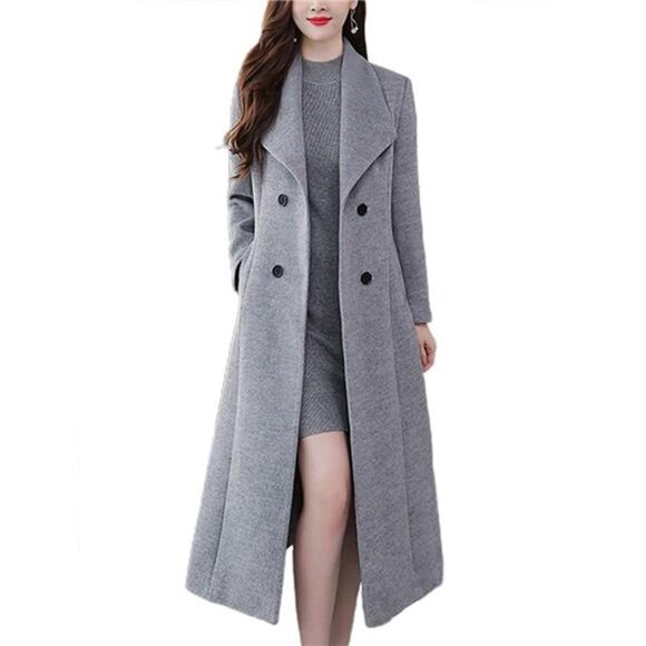 Women's Chic Shawl Collar Work Double Breasted Maxi Long Wool Pea Coat, Gray